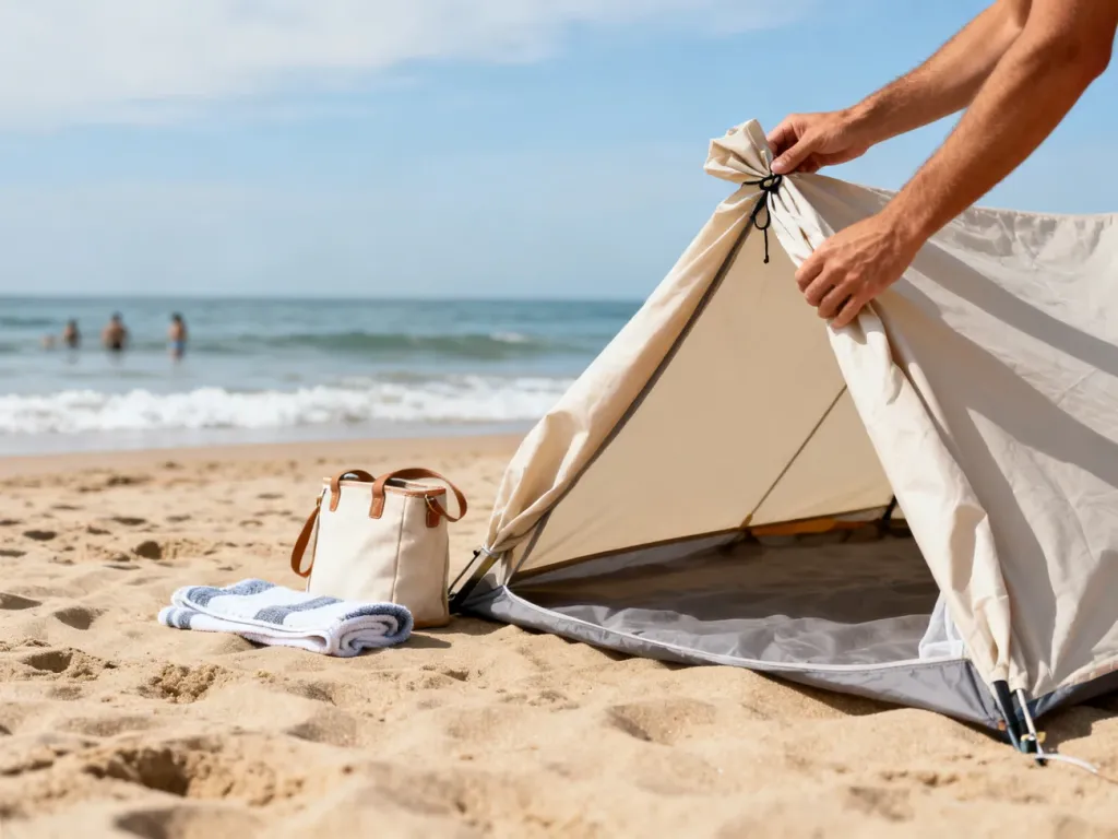 Ręce rozkładają prosty namiot plażowy na piasku obok torby i ręcznika, w tle spokojne morze i letnia plaża.